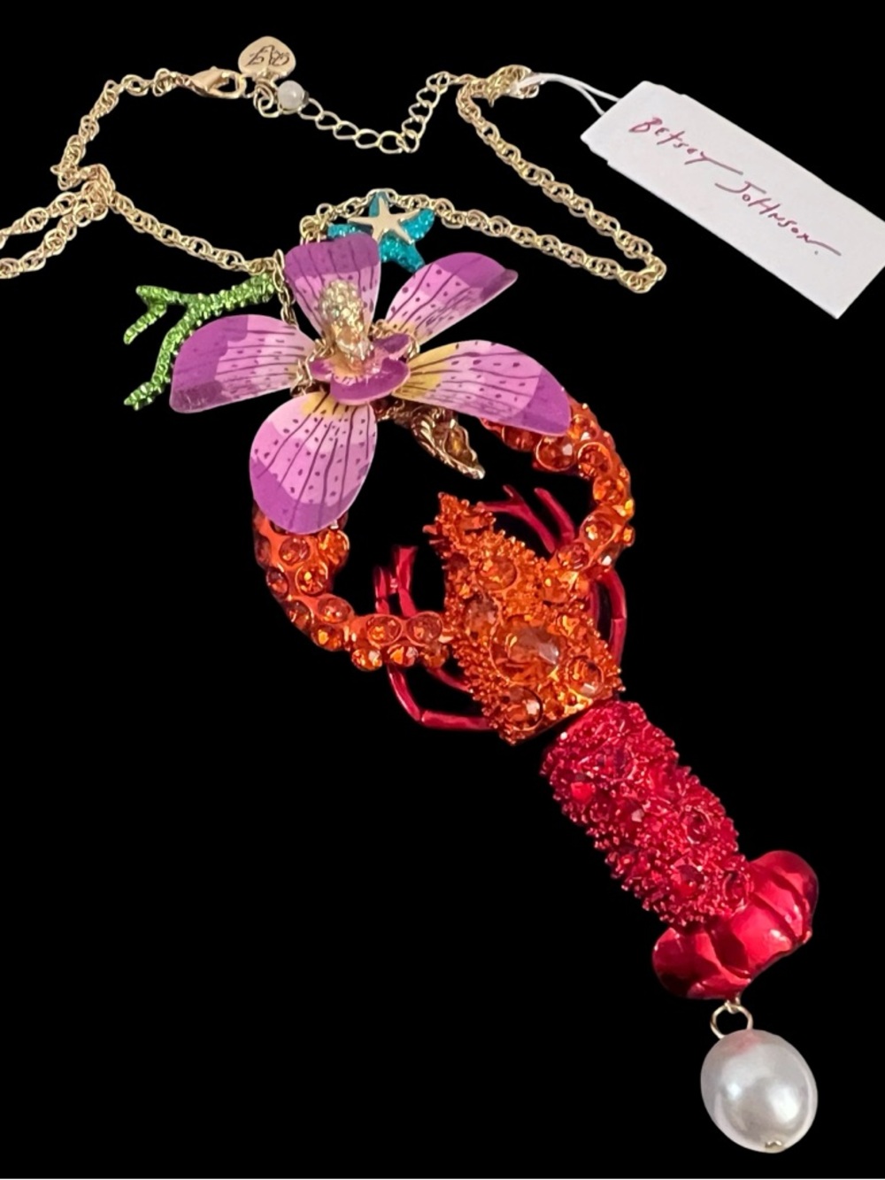 Betsey Johnson Purple, Pink & Orange Lobster Flower Pendant Necklace